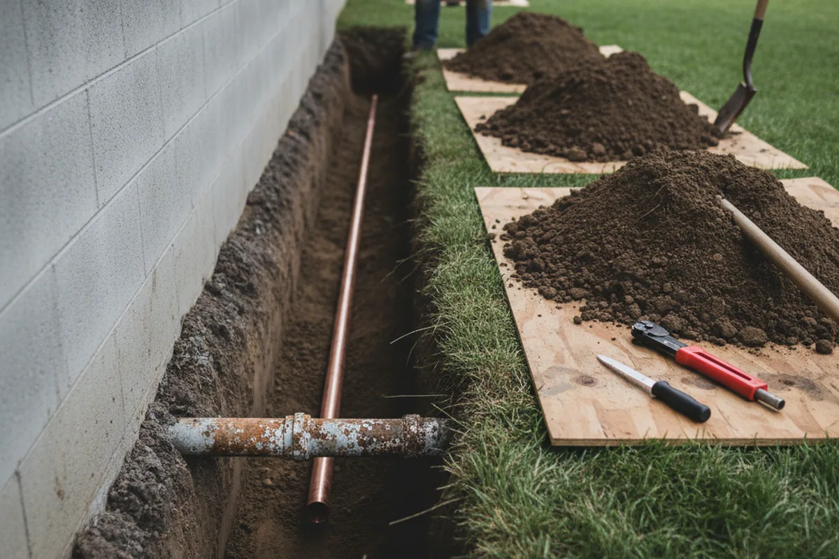 Excavated water line trench during Water Softener Installation in Kaumakani